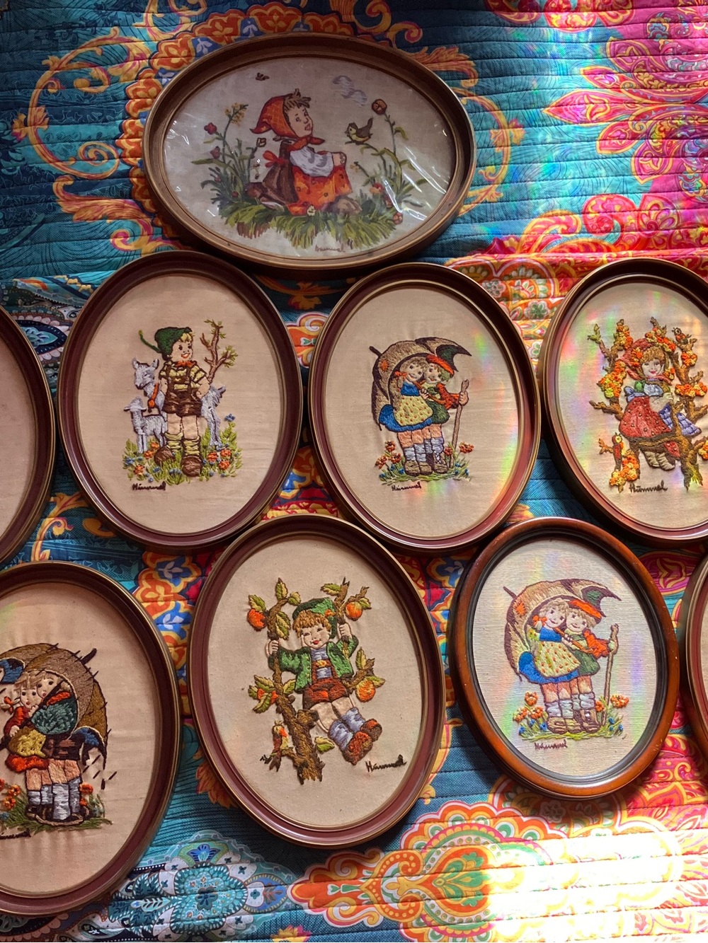 Set of 10 Framed Vintage Hummel Cross-Stitch Plaques - Girls & Boys Scenes
